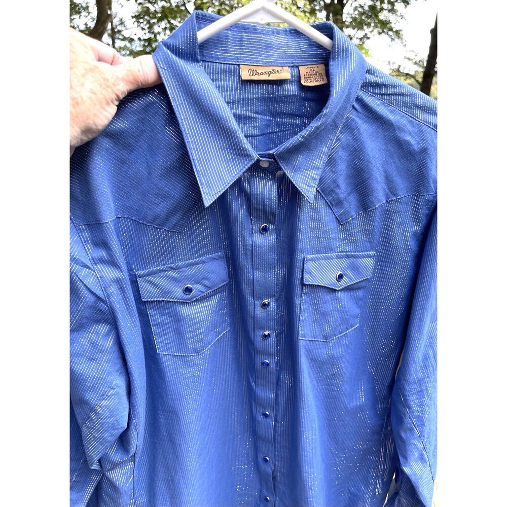 Wrangler Western Shirt Blue Jewel Snap Cross Metallic Silver Stripes Ladies XL